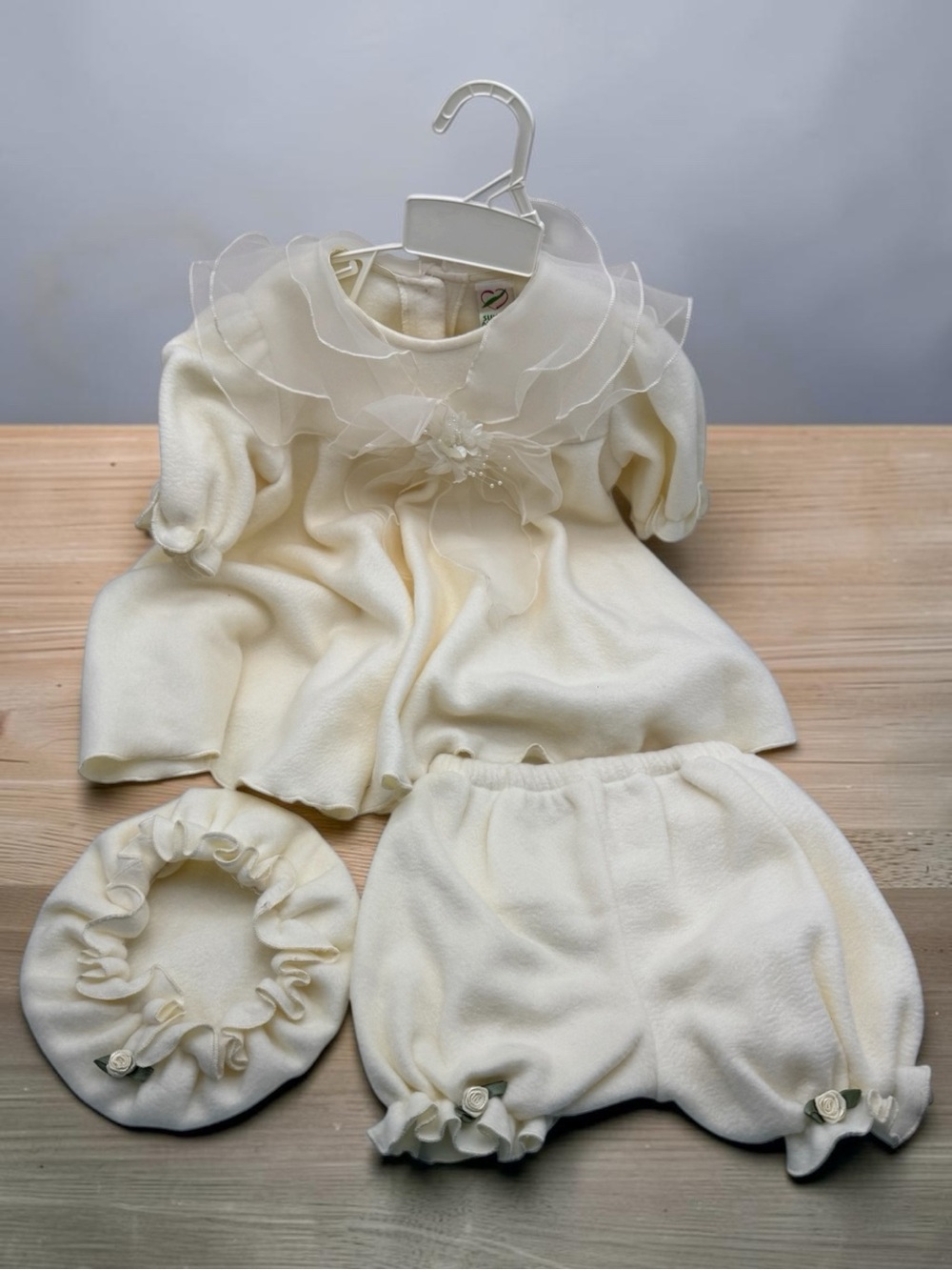 Vintage Sunny Angeles U.S.A. Cream Wool Blend 3pc Baby Dress Christening Set XL
